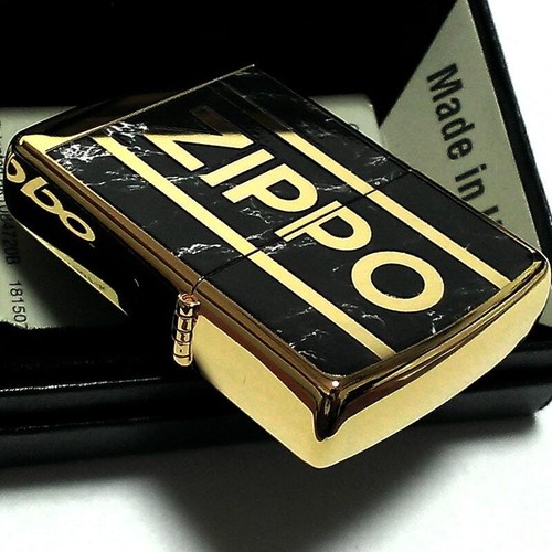 Zippo Logo Marble Black Gold Inside Unit Brass Double Sided Etching Oil Lighter - Picture 5 of 12