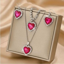 Pink Glass Heart Necklace Bracelet Earrings Set Rhinestone Surround Silver Tone