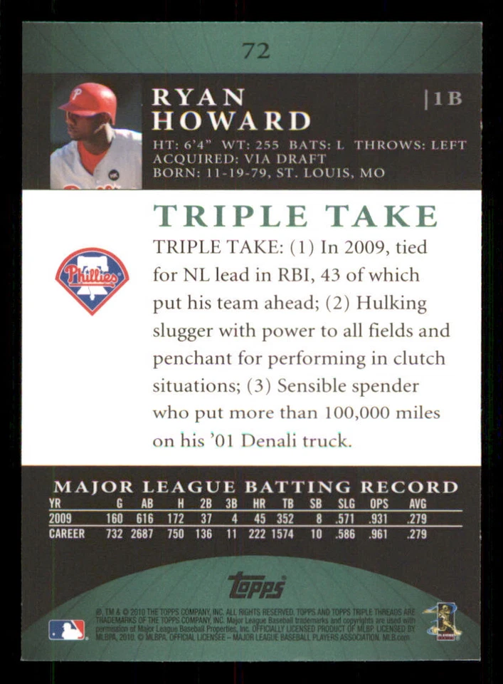 2010 Topps Triple Threads Emerald #72 Ryan Howard /240 - Image 2 of 2