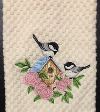 Chickadee Birds on Birdhouse Roses Flowers Embroidered Ivory Kitchen Dish Towel