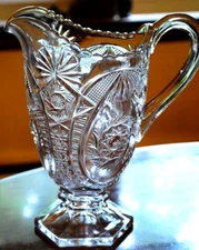 Antique BUZZ STAR CLEAR Footed Pitcher US GLASS 32 oz Pressed Glass Star 9.25"