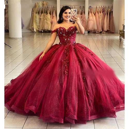 A Line Quinceanera Dresses 3D Flowers Sweet 15 16 Prom Ball Gowns