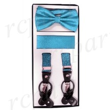New Y back Men's Suspenders Bowtie Hankie Stripes Glitter Turquoise Blue formal