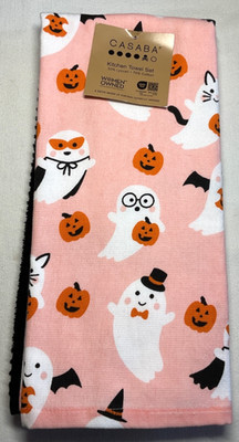 CASABA  KITCHEN TOWELS (3) JACK O LANTERNS GHOSTS 70% COTTON 30% LYOCELL NIP