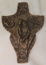 Mid-Century Modern Modernist Bronze Crucifix on Teak Wood Cross Wall Hanging — listing 5