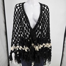 Vintage 1970s Handmade Black/Cream Boho Hippie Fringe Crochet Shawl One Size 