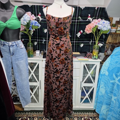 Lulus Romance Brown Burnout Velvet Floral Cowl Neck Maxi Dress Slit Gown size M
