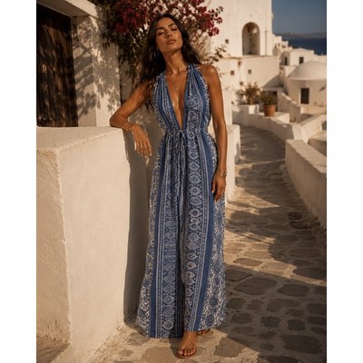   Elan Blue & White Paisley Halter Maxi Dress   Size Small