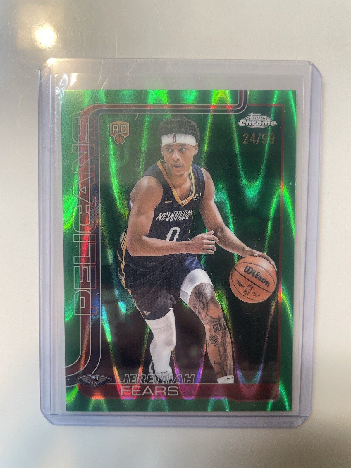 2025-26 Topps Chrome Jeremiah Fears Green RayWave Refractor RC /99 #257 Pelicans