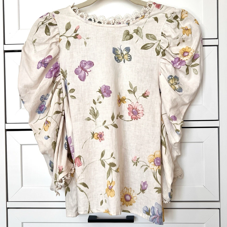 Top Laura Ashley Mujer Pequeño Cottagecore Blanco Floral Lino Encaje Manga Abullonada Foto 4 de 4