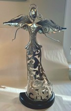 Large 20" Metal Angel Sculpture Silver Tone Cut Out Scroll Design Candle Holder