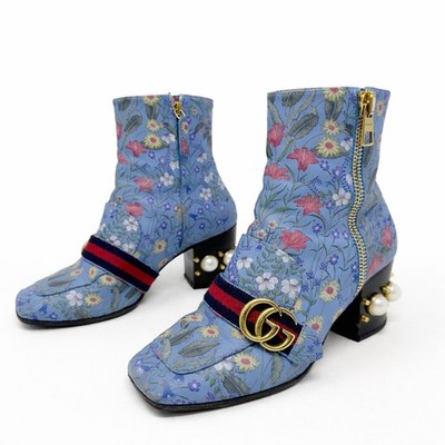 Gucci Peyton Flora Pearl GG Web Stripe Ankle Boots Womens Size EU 37