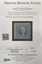 US Stamp, Scott #115, used, APEX Cert., CV $2,600, 1869 6c Washington