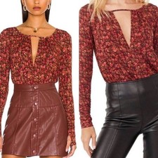 Intimately Free People Floral Long Sleeve V-Neck Bodysuit Burgundy Small