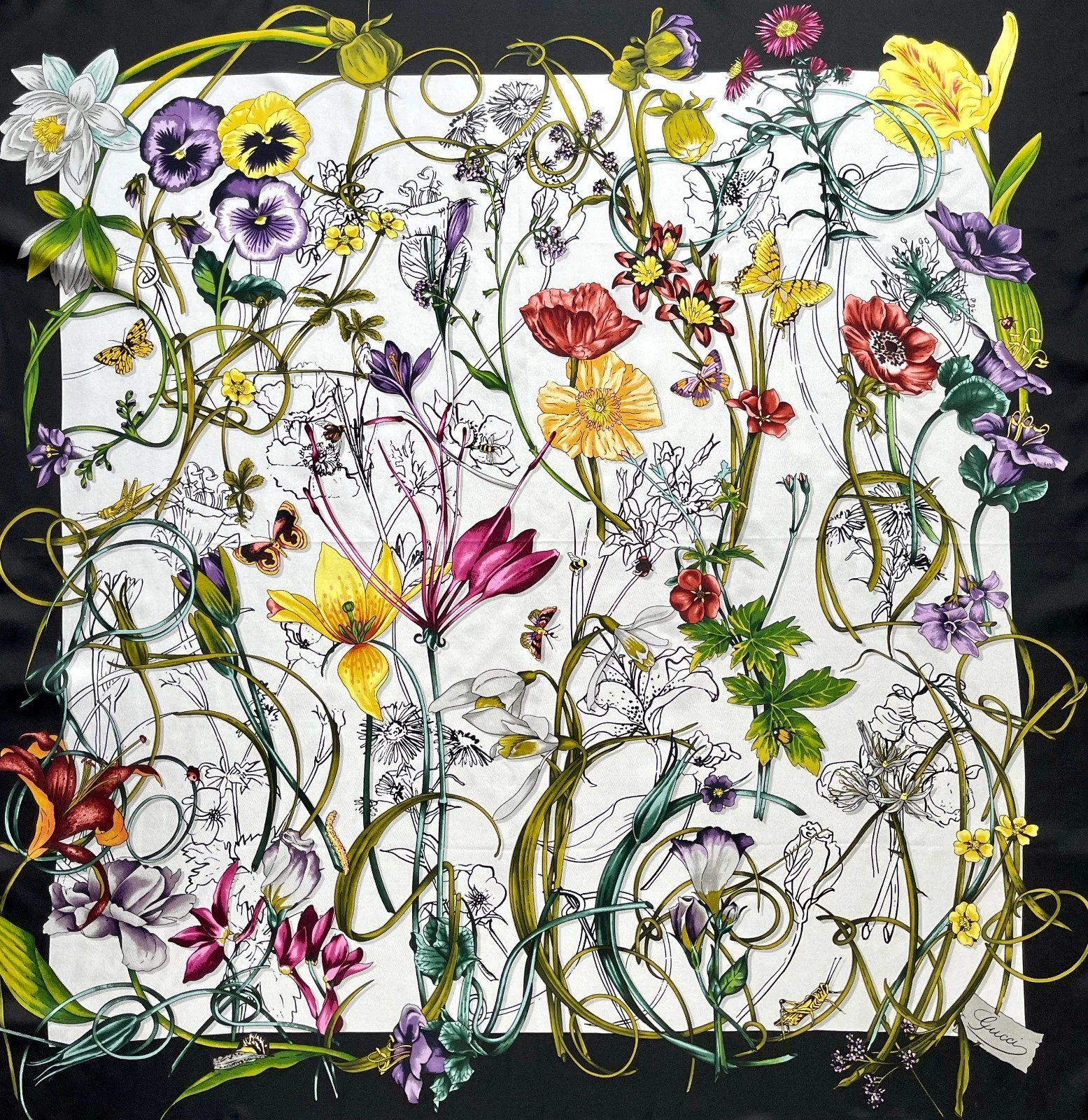 New Gucci Scarf Flora Print Logo White Multicolor Wrap with Gucci Gift Box