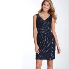 Sean Couture Cocktail Dress Womens 8 Navy Blue Pure Silk Beaded Sequin READ