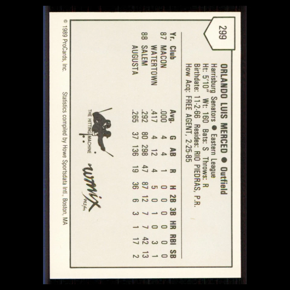 Orlando Merced #299 1989 ProCards Minor League Team Sets Harrisburg Senators MLB - Изображение 2 из 3