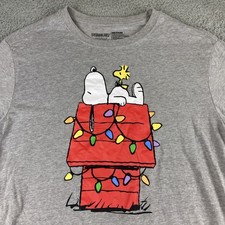 Peanuts Men's Medium Snoopy Woodstock Christmas Holiday Lights Gray T-shirt