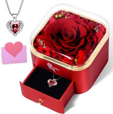 Valentines Day Gifts for Her - Preserved Real Blue Rose with Heart Necklace, For