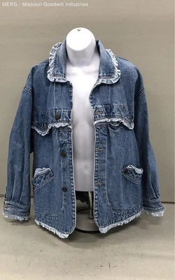 Vintage 90s Unionbay Ruffle Trim Blue Denim Jean Jacket Frill Detail Sz M - Image 1 of 4