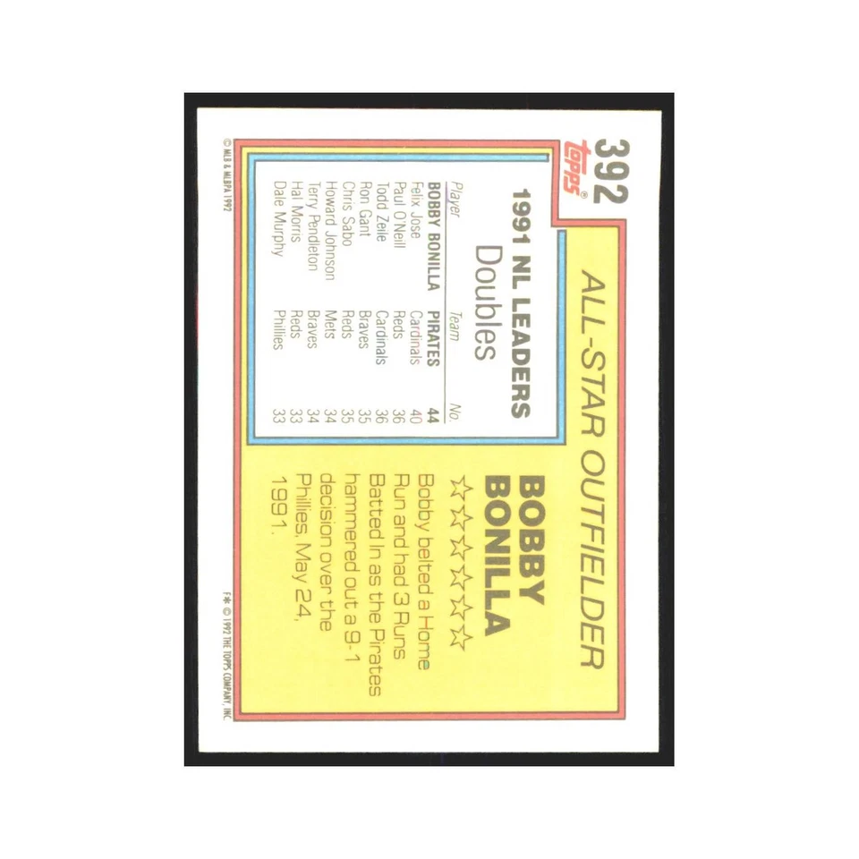 1992 Topps Bobby Bonilla Pirates #392 - Image 2 of 3