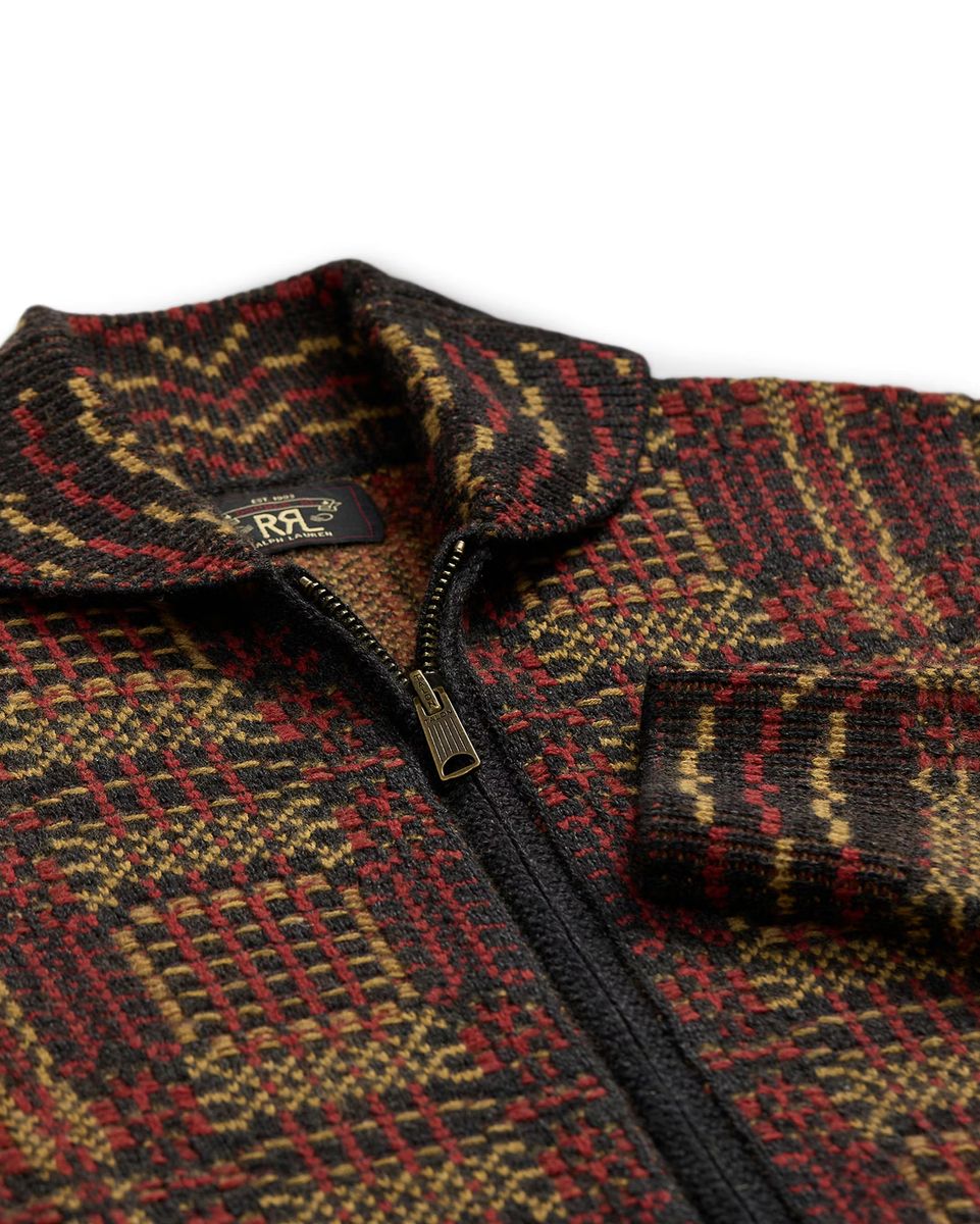 RRL Ralph Lauren Full Zip Plaid Sweater Knit Wool Shawl Cardigan