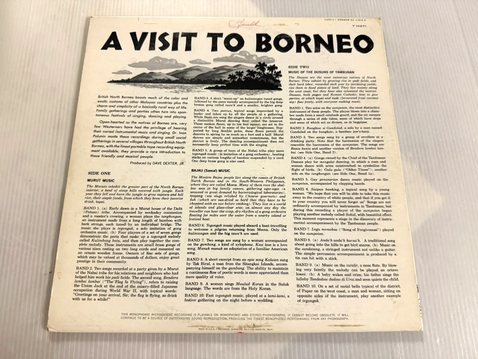 VISIT TO BORNEO MONO LP 1961 Capitol T-10271 DUSUN/MURUT/BAJAU-SAMA TRIBES G+ - Image 2 of 4