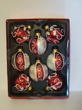 Vintage Christmas Ornaments Glass Red White Glitter Holiday Set Of 8 By Rite Aid