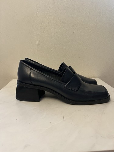 Hillard & Hanson Womens Y2K 90s Navy Blue Leather Block Heel Loafers Shoes 8.5M - Picture 5 of 8
