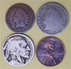 Lot of 4 Old Coins – 1 Indian Head Penny, 1 Lib V 5c, 1 Buffalo 5c & 1 Linc 1c
