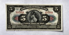 PERU 5 SOLES 1941 UNC. PIN HOLE