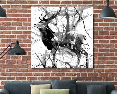 XL LEINWAND BILD BIS 100x100x5 HIRSCH SCHWARZ WEIß ABSTRAKT NATUR GEMÄLDE MODERN