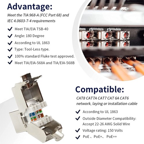 Zoerax 12 Stck. Cat6a Cat7 Keystone Jack Cat7 RJ45 STP werkzeugloser Typ Modul Buchsen - Bild 3 von 11