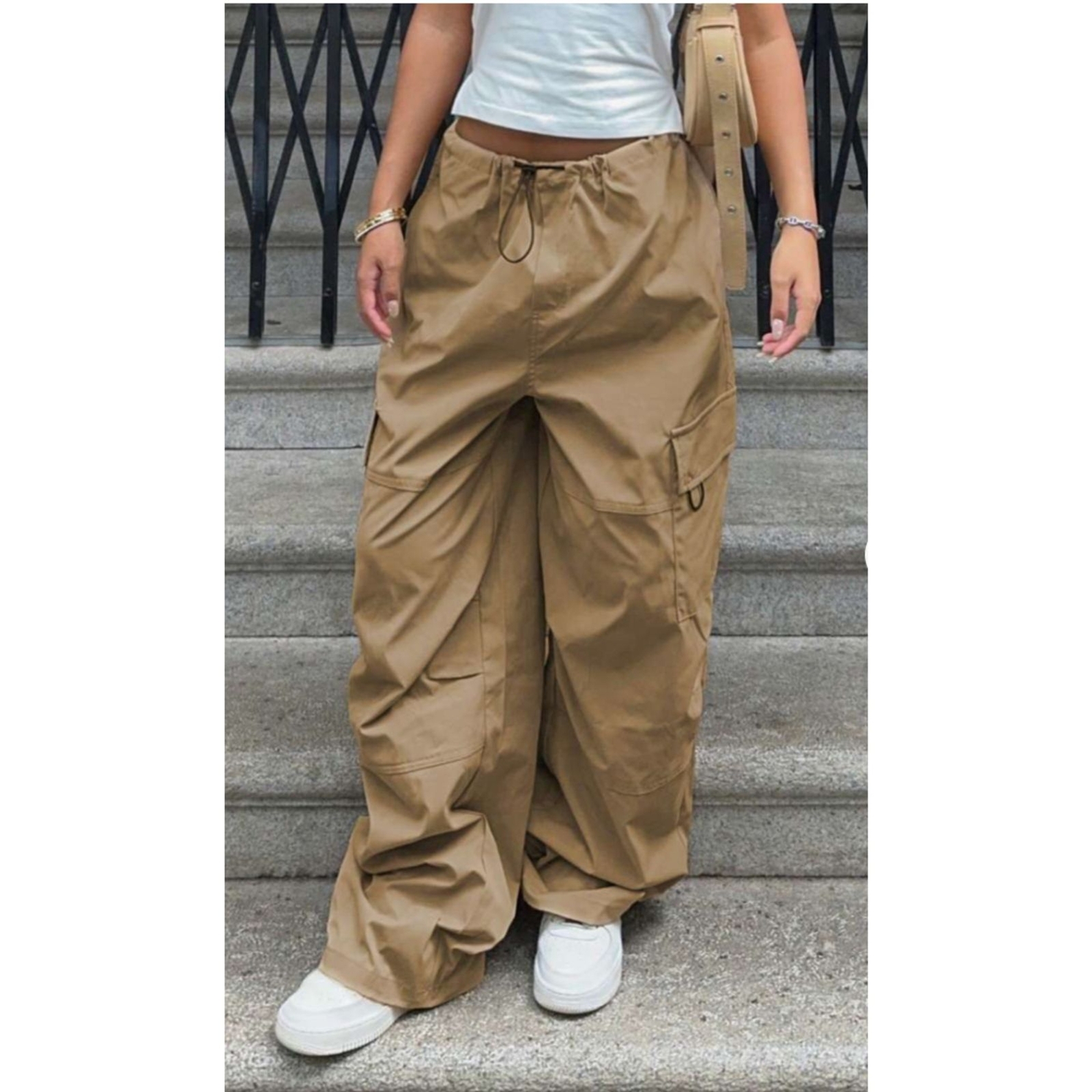 SHEIN EZwear Khaki Weave Size Friendly High Waist Parachute Cargo Pants, Medium