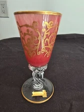 Vintage Interglass Italy Red Hand Painted 24K Gold Champagne Flute/Wine Glass