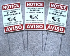 3 Security Video Surveillance Notice 24 Hr Signs 8x12 Spanish English w/Stakes