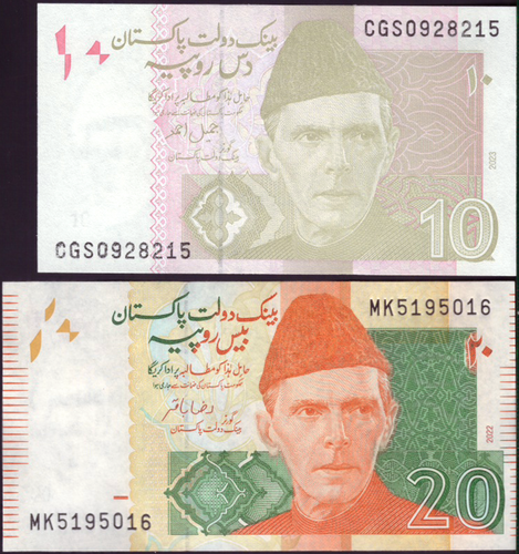 PAKISTAN set 10 and 20 Rupees P-45-55 UNC 2022-2023 - Picture 2 of 2