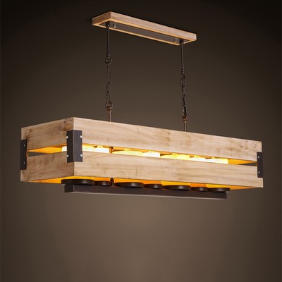 Rustic Rectangular Raw Wood Marble Shade 7 Light Large Pendant Led