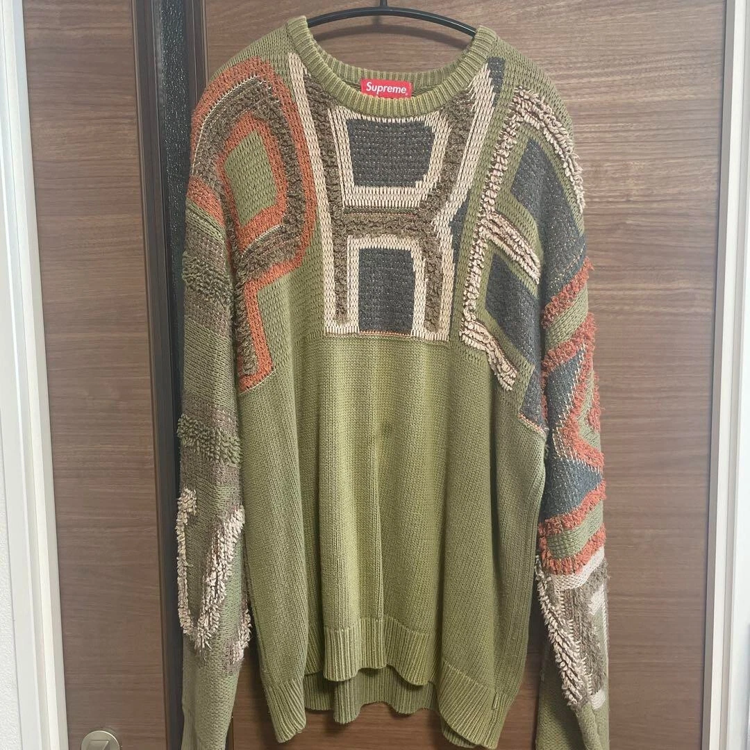 Pull Supreme logo chenille 21AW col rond tricot vert kaki taille L
