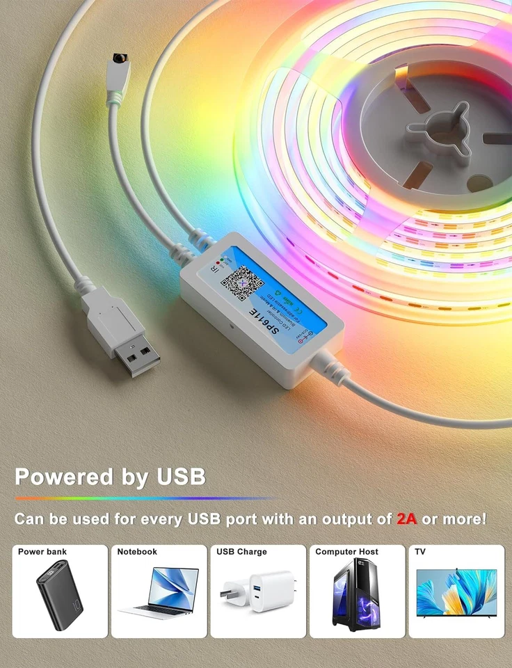 RGB RGB+IC LED COB Strips Lights 5V USB Flexible Rope Smart Wifi Bluetooth APP - Image 3 of 4