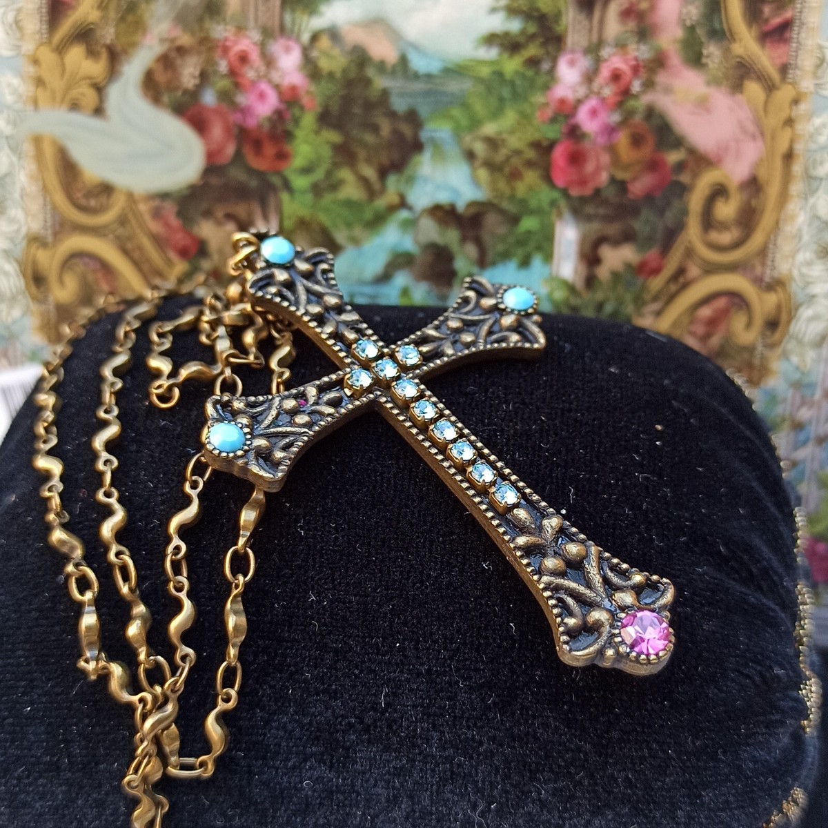 Michal Negrin Cross Necklace Turquoise Blue & Swarovski Crystals