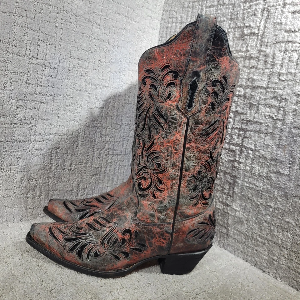 Botas Corral Para Mujer Talla 9M EE. UU. Incrustación Cuero Rojo Gris Negro Lentejuelas Bling AB012 Foto 3 de 4