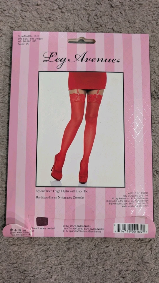 Leg Avenue Lote 4 Altos Muslos Transparentes de Nailon Rojo con Encaje Talla 90-165 lb Nuevo Foto 3 de 3