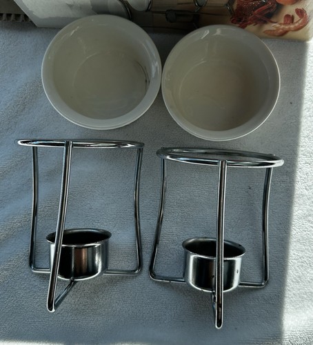 Butter Warmers Set Of 4 White Ceramic Dishes With Chrome Plated Holders In Box - Picture 5 of 6