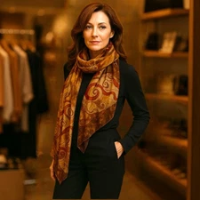 New Noviseda Madrid Italian Sheer Long Scarf Brown Red Abstract Geometric Print