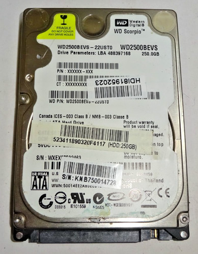 WESTERN DIGITAL *** WD2500BEVS *** 250 GB*** SATA HDD Notebook 2,5 Zoll #NFP1308