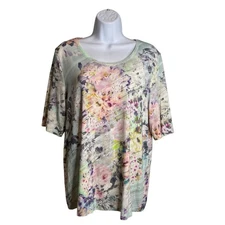 Basler Women's Blue Watercolor Floral Top Est. Size XL Cottagecore Feminine