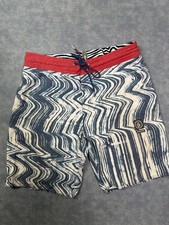 Volcom Board Shorts Mens 30 Blue Red Wavy Striped Swim Trunks Pocket Surf