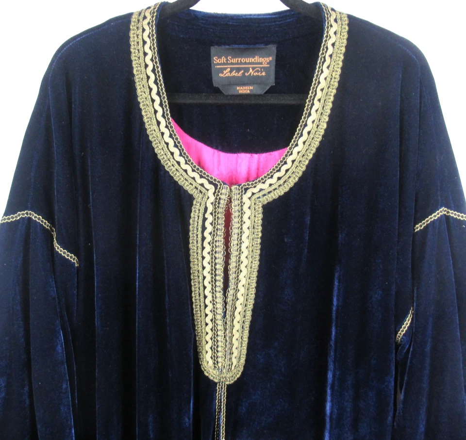 SOFT AROUND Bata de Terciopelo Azul Dorado Caftán Plumero Largo Mujer XL Boho De Colección Foto 3 de 4