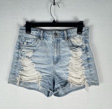 American Eagle Mom Shorts 4 Light Wash Distressed High Rise Denim Coastal Casual